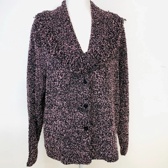 Nina Leonard Sweater Blazer  Large Purple Black Shaw Collar Fringe Boho Gothic - Picture 1 of 10